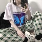 Butterfly Print Elbow-sleeve T-shirt / Plaid Wide-leg Pants
