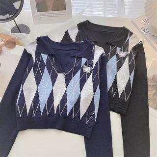 Long-sleeve Argyle Color Block Knit Top