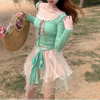 Ribbon Cardigan / Mesh A-line Skirt