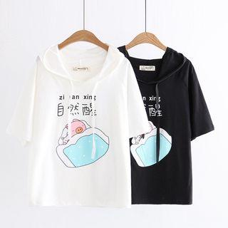Pig Print Hooded Short-sleeve T-shirt