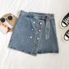 Double-buttoned Belted Denim Mini Skirt