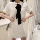 Ribbon Bow Short-sleeve Top / Tweed Slim-fit Skirt