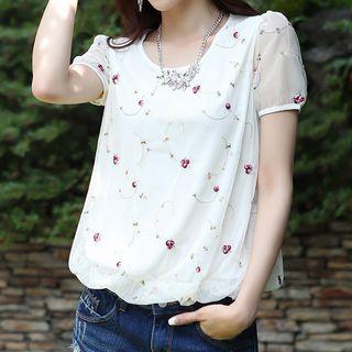 Flower Embroidered Short Sleeve Mesh Top