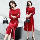 Long-sleeve Velvet Slit-hem Midi A-line Dress