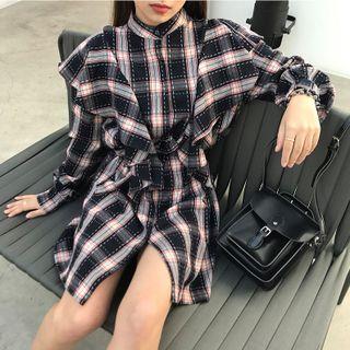 Plaid Ruffle Shirtdress Blue - One Size