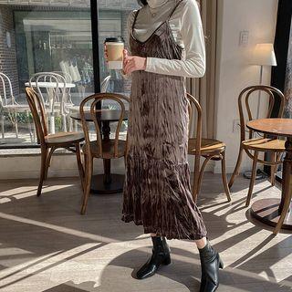 Crinkled Velvet Long Pinafore Dress