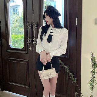 Long-sleeve Crop Shirt / Mini Pencil Skort