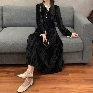 Long-sleeve Lace Trim Velvet Buttoned Dress