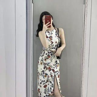 Frill Trim Floral Halter Split Pinafore Dress