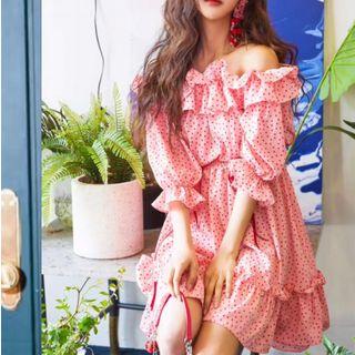 Off-shoulder Dotted Elbow-sleeve Dress