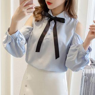 Long-sleeve Cold-shoulder Tie-neck Blouse