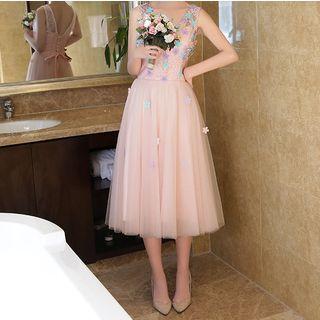 Floral V-neck Sleeveless Evening Dress