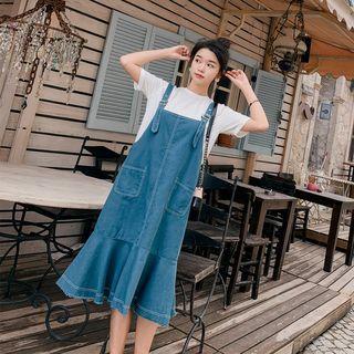 Ruffle Hem Midi Denim Jumper Dress