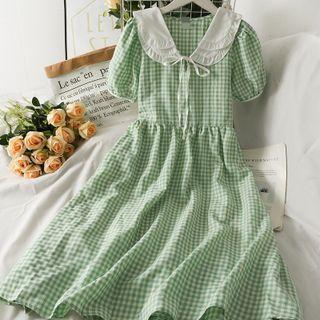 Ribbon-back Checker Midi Dress Green - One Size