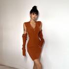 Set: Sleeveless Mini Sheath Dress + Arm Sleeves Red Brown - One Size