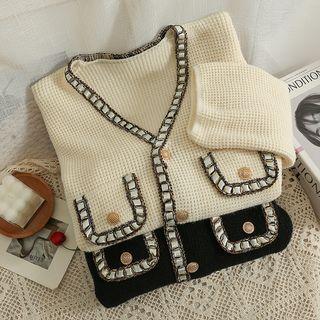 Glitter-trim V-neck Loose Cardigan