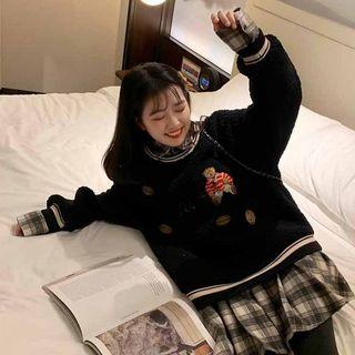 Mock Two Piece Bear Embroidered Plaid Sweatshirt Dress