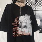 Long-sleeve Mock Two-piece Print T-shirt Black - One Size