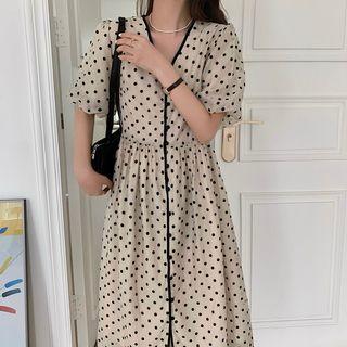 Puff-sleeve Dotted Midi A-line Dress Milky White - One Size