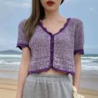 Short-sleeve Cropped Knit Top Purple - One Size