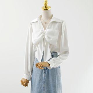 Bow Accent Shirt / High Waist A-line Skirt