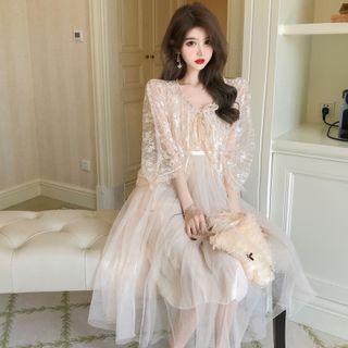 Spaghetti Strap Sequined Mesh Midi A-line Dress / Lace Light Jacket