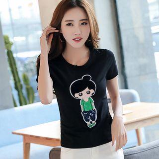 Cartoon Applique Short Sleeve T-shirt
