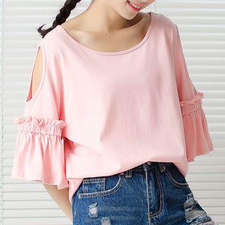 Ruffled Shoulder-cutout Elbow-sleeve T-shirt