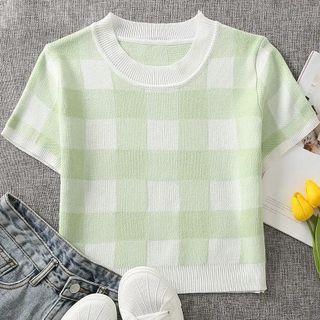 Short-sleeve Gingham Knit Crop Top