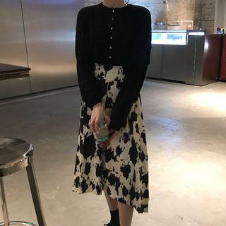 Plain Blazer / Buttoned Long-sleeve Top / Milk Cow Print A-line Midi Skirt