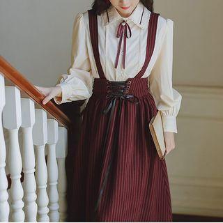 Set: Long-sleeve Tie-neck Blouse + Striped Midi A-line Suspender Skirt