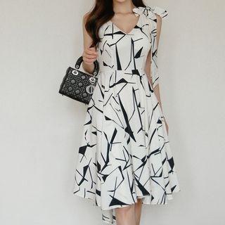 Sleeveless V-neck Printed Asymmetrical Hem Dress
