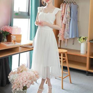 Cap-sleeve Tulle-hem Long Mock Two-piece Dress Ivory - One Size
