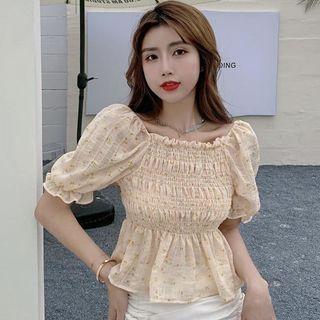 Short-sleeve Off-shoulder Shirred Peplum Crop Top