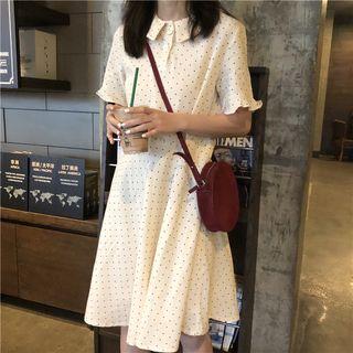 Short-sleeve Dotted A-line Dress Almond - One Size