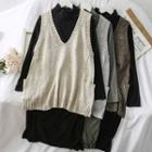 Set: Mock-neck T-shirt Dress + Loose-fit Knit Vest