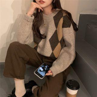 Argyle Panel Sweater Brown & Light Gray - One Size