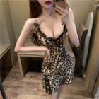 Spaghetti Strap Lace Trim Leopard Print Mini Dress