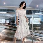 Star Print Off-shoulder Tiered Midi Chiffon Dress