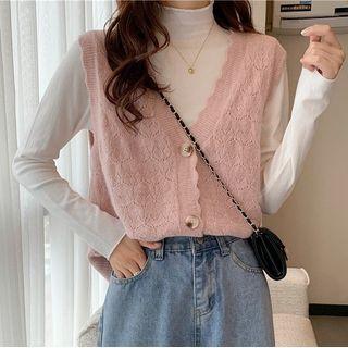 Pointelle Knit Vest / Mock Neck Knit Top