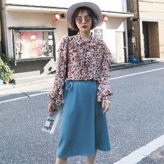 Tie-waist Plain Midi Dress
