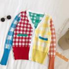 Color Block Gingham Panel Knit Lightweight Cardigan As Shown In Figure - One Size