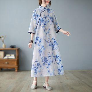 3/4-sleeve Leaf Print Midi Hanfu Dress