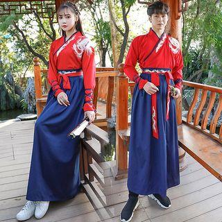 Couple Matching Long-sleeve Embroidered Top / Midi A-line Skirt / Hair Tie / Hanfu Set