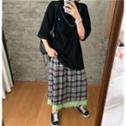 Lettering Loose-fit Short-sleeve T-shirt / Plaid Midi Skirt
