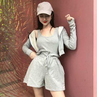 Plain Tank Top / Drawstring Shorts / Crop Zip-up Hoodie