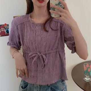 Short-sleeve Tie-waist Top Purple - One Size