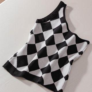 One-shoulder Argyle Knit Top Argyle - Black - One Size