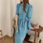 Long-sleeve Floral Print Midi A-line Dress 6030 - Blue - One Size
