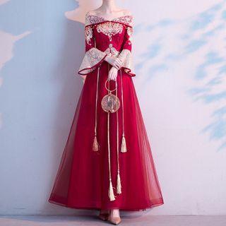 Off-shoulder Floral Embroidered A-line Qipao Wedding Dress (various Designs)